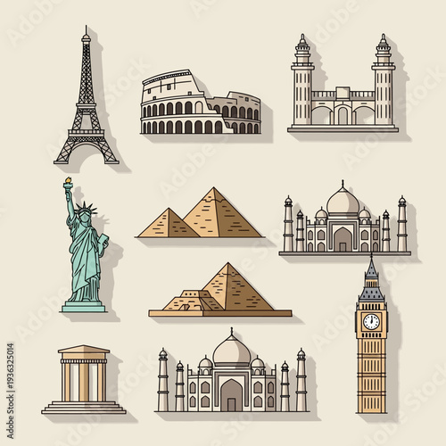 Famous Landmarks Collection: Travel Icons - Eiffel Tower, Colosseum, Pyramids, Taj Mahal, Statue of Liberty