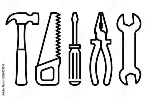 A variety of tools including pliers, wrenches, and screwdrivers isolated on white background, Vector, illustration