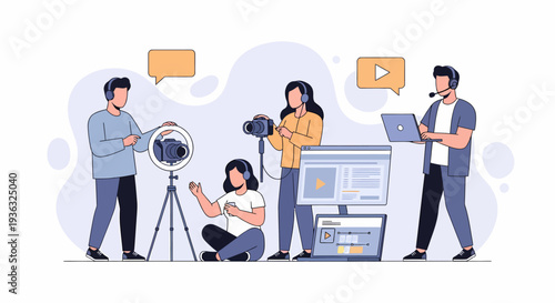 Group of people creating online video content for social media.