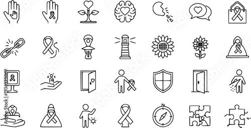 Cancer Awareness Icons: Hope, Support, and Medical Symbols