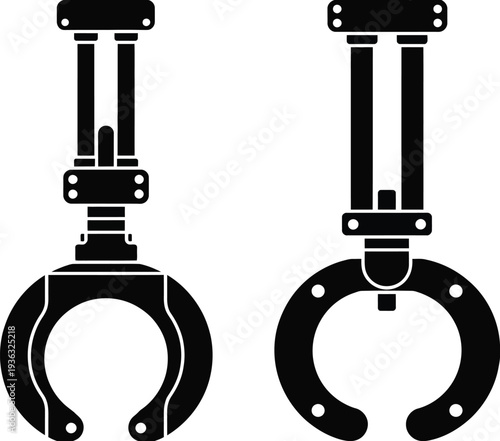 Two black handcuffs with different locking mechanisms illustrated in a line art style isolated on white background, Vector, illustration