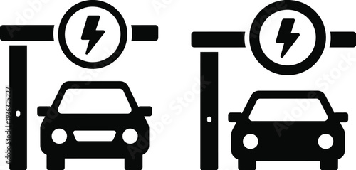 Two electric cars charging at dedicated parking spots with charging symbols above them isolated on white background, Vector, illustration