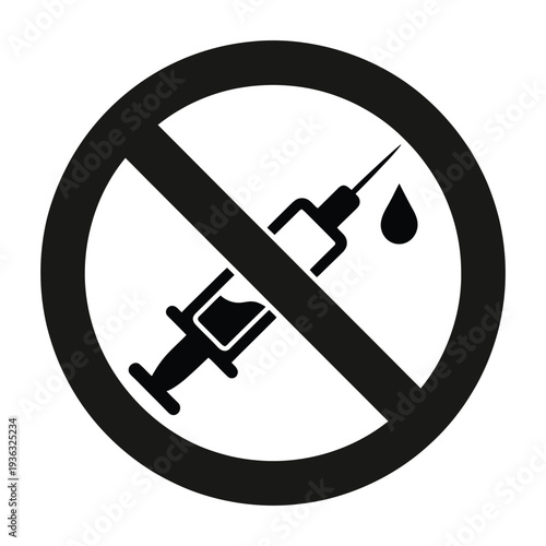 A black and white symbol indicating that syringes are not allowed isolated on white background, Vector, illustration