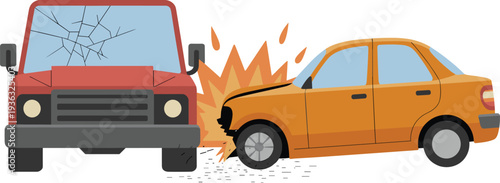 Car accident vector illustration with two vehicles colliding in a frontal crash for insurance and safety concept