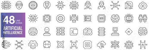 48 line icons for artificial intelligence, covering concepts like AI, robots, and data processing.