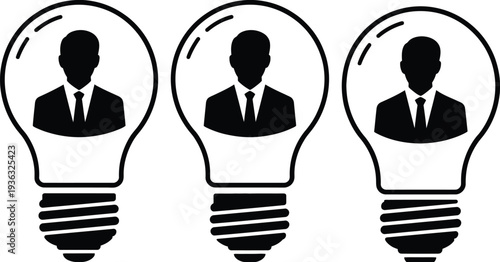 Three light bulbs with human figures inside representing ideas and innovation. isolated on white background, Vector, illustration