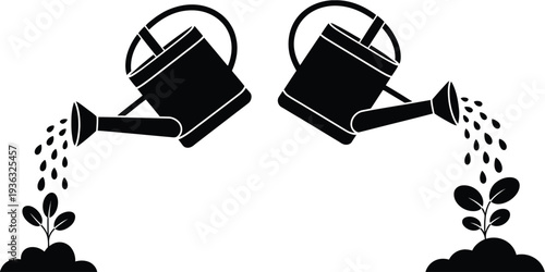 Two watering cans pouring water on small plants growing from the ground isolated on white background, Vector, illustration