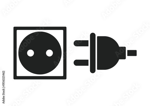 A black and white illustration of a power outlet and a plug isolated on white background, Vector, illustration