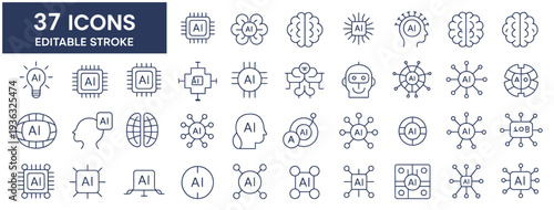 Set of 37 editable stroke icons representing artificial intelligence and its applications.