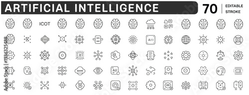 70 editable stroke icons illustrating artificial intelligence, AI, and futuristic technology concepts.
