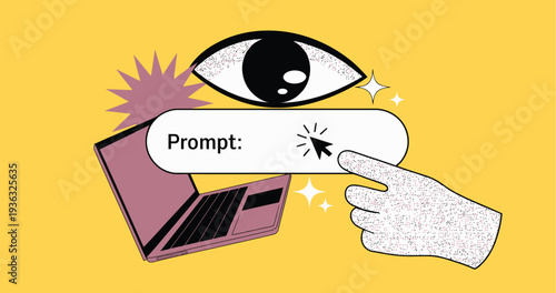 Hand interacting with a search bar on a laptop screen, AI concept with watchful eye.
