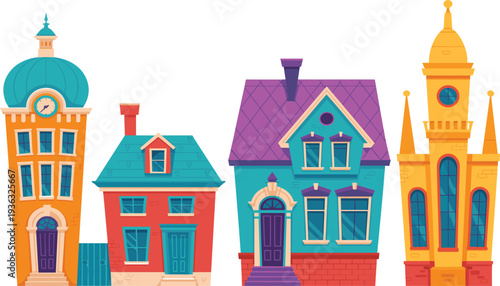 Colorful cartoon vector house set with various architectural building styles, clock tower, and decorative urban home designs