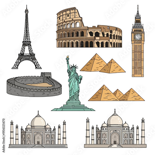 Famous World Landmarks Collage: Eiffel Tower, Colosseum, Pyramids, Statue of Liberty, Taj Mahal