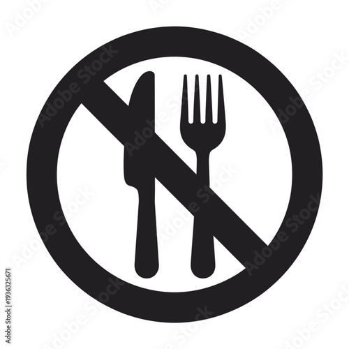 A black and white sign indicating that cutlery is not allowed in this area isolated on white background, Vector, illustration