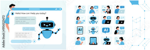 Chatbot interface with AI robot and user interaction, plus AI concept icons.
