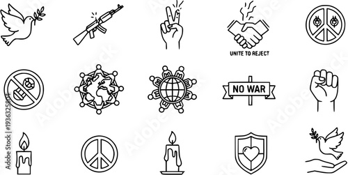 Peace and Anti-War Line Icons Set with Unity and Hope Symbols