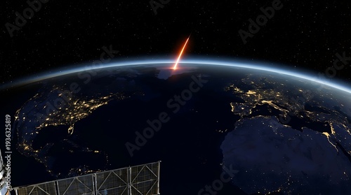 Rocket launching into space with Earth in the background at night