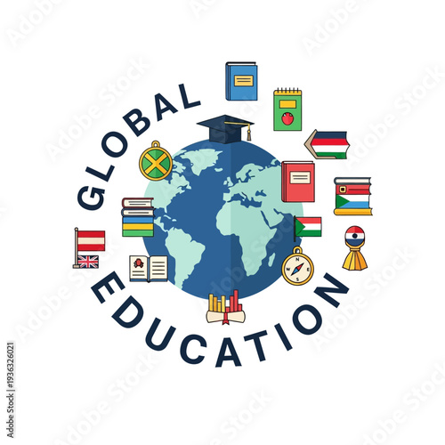 Global Education Concept: Globe with Books, Flags, Graduation Cap, Compass and Awards
