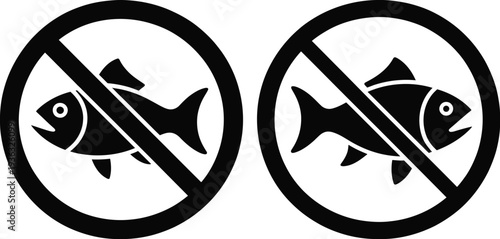 Two circular signs with a red diagonal line through a fish and a cigarette isolated on white background, Vector, illustration