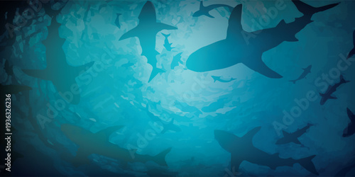Sharks swimming in deep blue ocean water a captivating underwater scene.