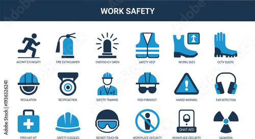 Colorful vector icons of workplace safety equipment, hazards, and emergency protocols for industrial, construction, and occupational protection themes.