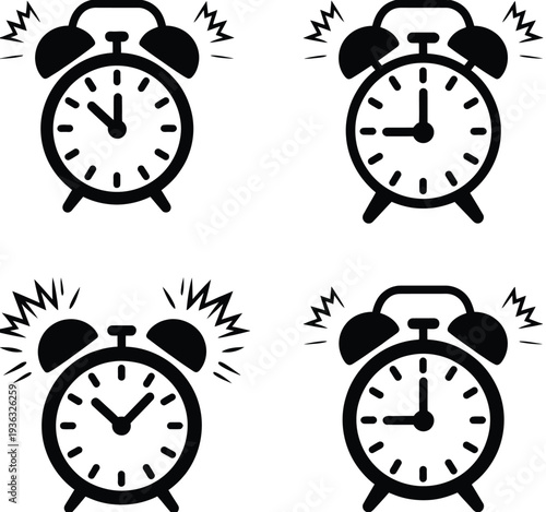 Four different alarm clocks showing various times and alert states isolated on white background, Vector, illustration