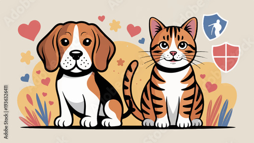 Friendly dog and cat sitting together with hearts and shield symbols around them on colorful background
