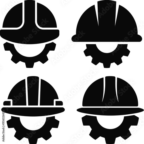 Four different types of hard hats with unique designs and features isolated on white background, Vector, illustration