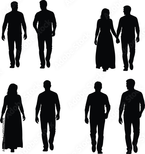 Silhouette walking people in pairs and groups, casual figures vector illustration collection for lifestyle, social interaction, and design projects