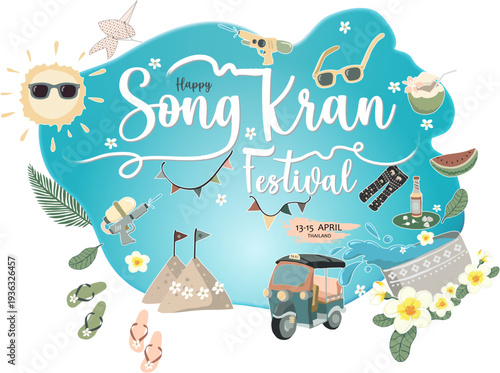 Cute vector illustration of Happy Songkran Festival in Thailand. Summer water party concept with traditional Thai elements, tuk-tuk, sand pagodas and  water guns on a blue splash background.