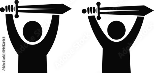 Two figures holding swords in a triumphant pose with raised arms. isolated on white background, Vector, illustration