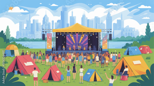 Music festival with colorful tents and people enjoying live band performance outdoors near city skyline