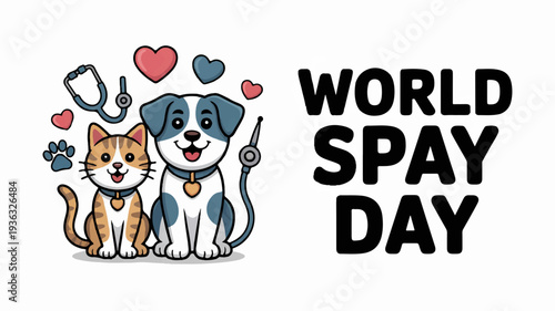 World spay day awareness illustration with dog and cat and stethoscope