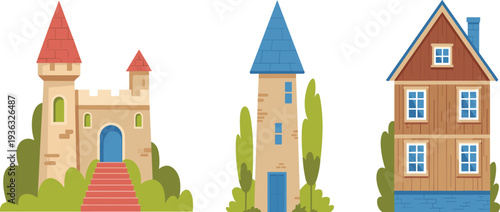 Medieval fairytale castle, magic tower and wooden village house vector illustration