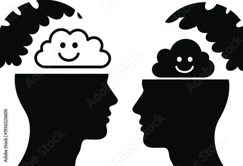 Two people sharing a thought bubble with clouds and rain, representing communication and understanding. isolated on white background, Vector, illustration