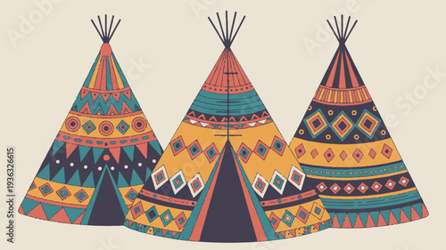 Three colorful teepees with intricate patterns and designs on a beige background illustration
