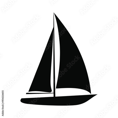 A sleek black sailboat gliding gracefully across a calm, reflective body of water. isolated on white background, Vector, illustration