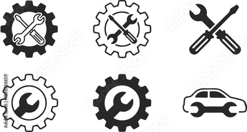 Black and white car service icons set vector illustration