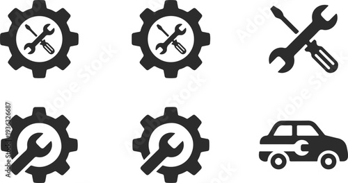 Black car maintenance icons set with gear and tool vector illustration