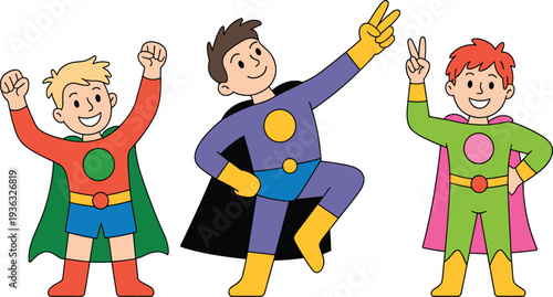 Cartoon boys in superhero costumes set with capes and masks vector illustration