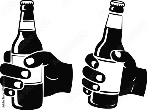 Two hands holding different types of beer bottles in a toast gesture isolated on white background, Vector, illustration