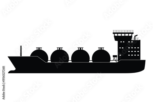 A black and white illustration of a large cargo ship carrying oil barrels. isolated on white background, Vector, illustration
