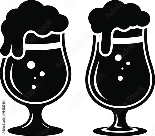 Two glasses of beer with frothy heads and bubbles floating around them. isolated on white background, Vector, illustration