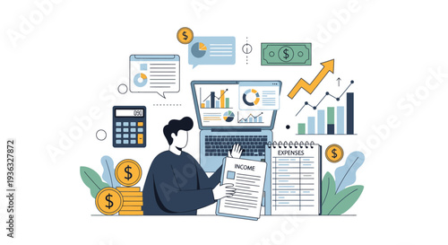 Illustration of a businessman analyzing financial data on a computer with graphs, charts, and money icons around him on a white background with a professional and productive mood.