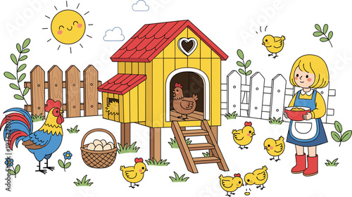 Cute Chicken Coop Farm Scene with Farmer Girl, Rooster, Hen and Chicks Cartoon Illustration