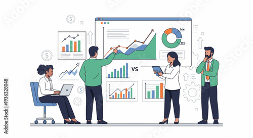 Illustration of a diverse team collaborating on a large graph display with various charts and laptop in a modern office setting with a professional mood.