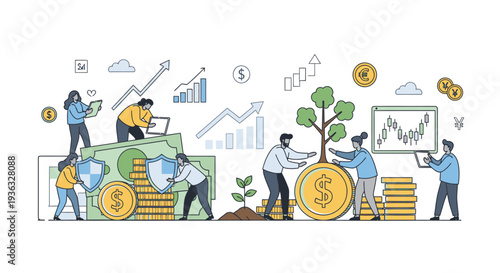 Flat illustration of diverse people working together around growing money and a tree with graphs and coins floating above on a white background.