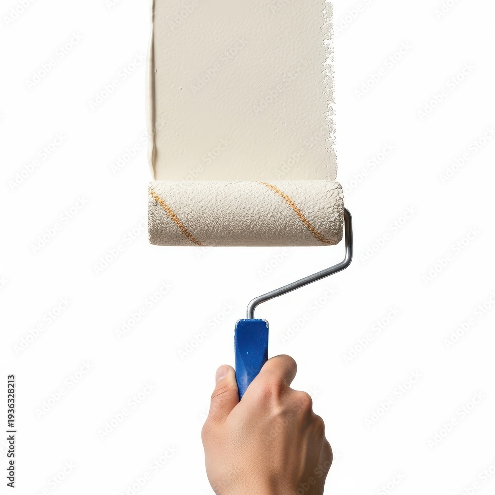 Obraz premium A person holding a paint roller with white paint on a white background isolated on white background