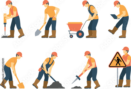 Construction Worker Activities Set, Builder with Tools, Jackhammer, Shovel and Wheelbarrow Flat Vector Illustration Collection Isolated on White Background
