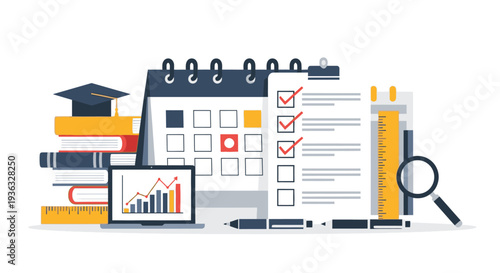 Flat lay illustration of educational and office supplies including books, a calendar, and a laptop with graphs on a white background.